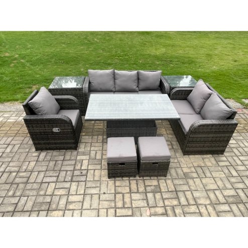 Fimous Rattan Outdoor Furniture Garden Dining Set Patio Height Adjustable Rising lifting Table Reclining Chair Sofa With 2 Side Tables 2 Small Footstools Dark Grey Mixed