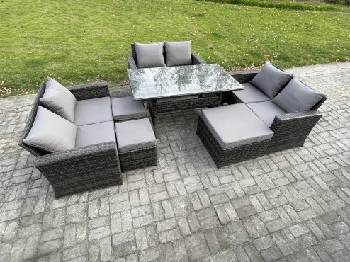 Fimous Wicker PE Rattan Garden Furniture Sets Outdoor Lounge Sofa Set with Oblong Dining Table Double Seat Sofa 3 Footstools Dark Grey Mixed