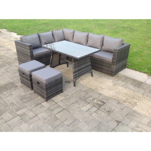 Dark Mixed Grey Rattan Garden Outdoor Corner Sofa Set Rectangular Dining Table Small Footstools 8 Seater