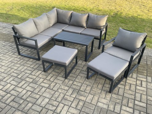 Fimous Aluminium Outdoor Garden Furniture Set Lounge Sofa Oblong Coffee Table Sets with Chair 2 Big Footstools Indoor Conservatory Set Dark Grey