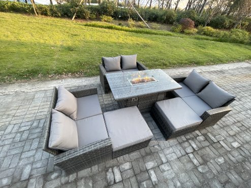 Fimous Rattan Garden Furniture Set Outdoor Lounge Sofa Chair Gas Fire Pit Dining Table Set With 2 Big Footstool Double Seat Sofa Armchiar