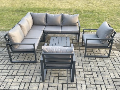 Fimous Outdoor Garden Furniture Set Aluminium Lounge Sofa Square Coffee Table Sets with 2 Pcs Chair Indoor Conservatory Set Dark Grey