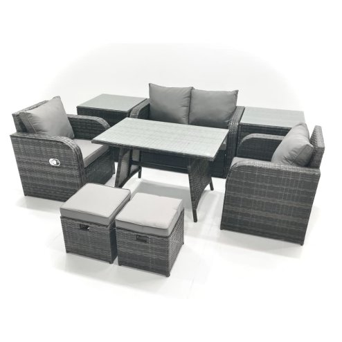 Fimous Outdoor Garden Furniture Set Rattan Sofa Dining Table Set with Reclining Chair 2 Small Footstool 2 Side Table Dark Grey Mixed