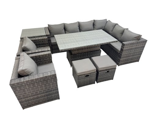 Fimous 10 Seater Rattan Height Adjustable Rising Lifting Table Corner Sofa Sets with 2 Chairs 2 Small Stools Side Table Dark Grey Mixed