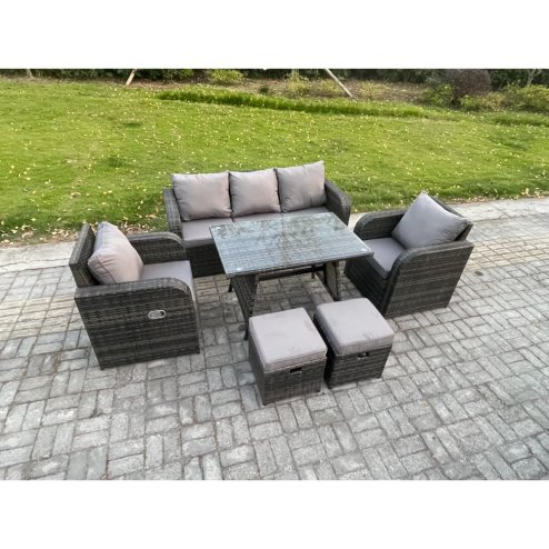 Fimous 7 Seater Rattan Wicker Garden Furniture Patio Conservatory Sofa Set with Rectangular Dining Table Reclining Chair 3 Seater Sofa 2 Small Footstool