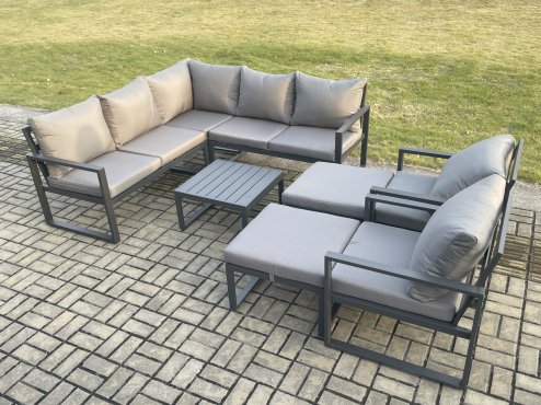Fimous 9 Seater Outdoor Aluminium Garden Furniture Set Corner Lounge Sofa Set with Square Coffee Table 2 Big Footstools Dark Grey