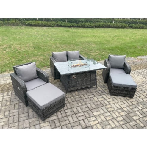 Fimous Rattan Outdoor Garden Furniture Sofa Set Gas Fire Pit Dining Table Gas Heater with Love Sofa 2 Big Footstool Dark Grey Mixed