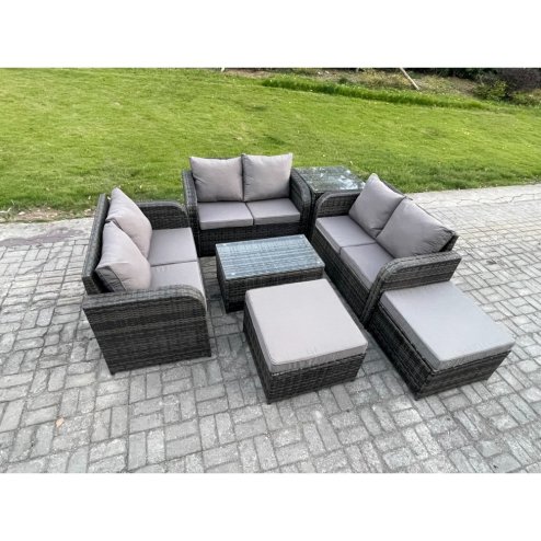 Fimous Wicker PE Rattan Garden Furniture Set 8 Seater Outdoor Lounge Sofa Set with Love Sofa Coffee Table Side Table 2 Big Footstool Dark Grey Mixed