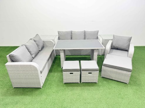 Fimous Rattan Garden Furniture Dining Set 10-seater Patio Rectangular Table Sofa Set with 2 Side Tables 3 Stools Light Grey