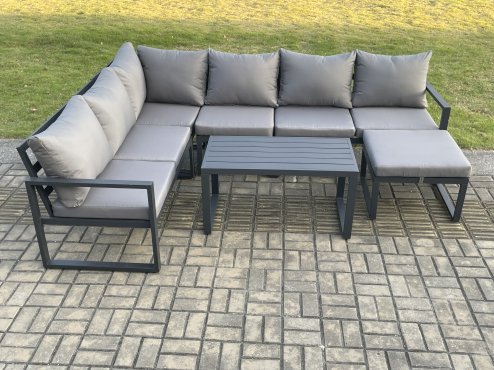Fimous Aluminium Garden Furniture Set Outdoor Indoor Lounge Corner Sofa Oblong Coffee Table Sets with Big Footstool Dark Grey