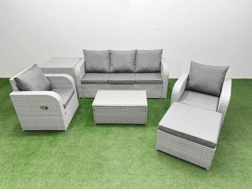 Fimous PE Rattan Garden Furniture Set Reclining Chair Sofa Lounge Sofa Set Oblong Coffee Table Side Table Big Footstool Light Grey