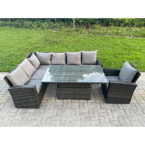 Fimous High Back PE Rattan Corner Sofa Set Garden Furniture Adjustable Rising Lifting Table Set With Chair