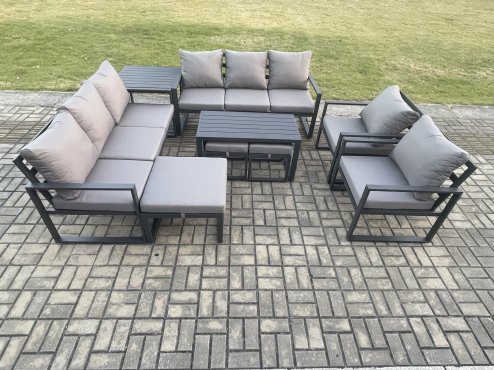 Fimous Aluminium Outdoor Garden Furniture Lounge Sofa 2 PC Chairs Oblong Coffee Table Sets with Side Table 3 Footstools Dark Grey