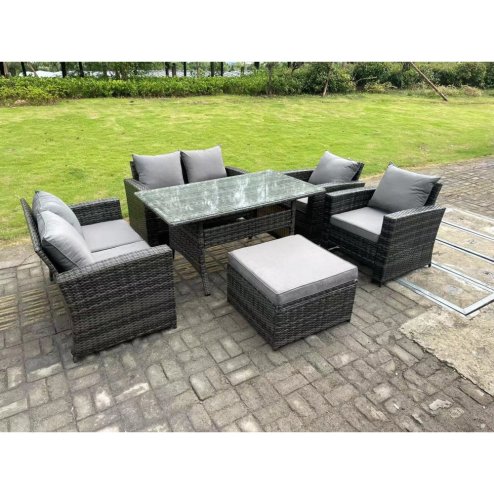 Fimous 7 Seater High Back Dark Grey Mixed Rattan Sofa Dining Table Set Garden Furniture Love Sofa Arm Chair