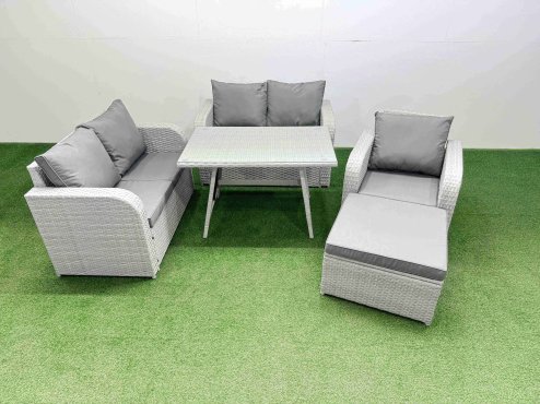 Fimous 6 Seater Outdoor Rattan Garden Furniture Set Love Sofa Reclining Chair Set with Rectangular Dining Table Big Footstool Light Grey