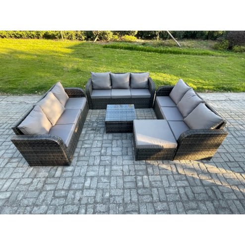 Fimous Patio Garden Furniture Sets Wicker 10 Seater Outdoor Rattan Furniture Sofa Sets with Square Coffee Table Big Footstool