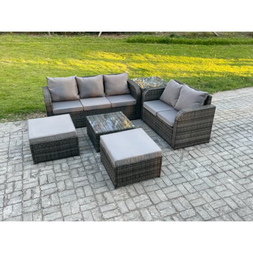 Fimous 7 Seater High Back Rattan Garden Furniture Set with Square Coffee Table 2 Big Footstool Side Table Indoor Outdoor Patio Lounge Sofa Set Dark Grey Mixed