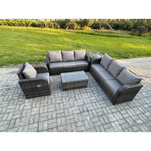 Fimous 7 Seater Rattan Outdoor Garden Furniture Sofa Set Patio Table & Chairs Set with 3 Seater Sofa Reclining Chair 3 Seater Sofa Side Table Dark Grey Mixed