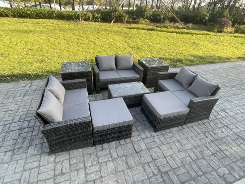 Fimous 8 pc Rattan Sofa Garden Furniture Outdoor Patio Set with 2 Side Tables 2 Big Footstool Love Seat Sofa Dark Grey Mixed