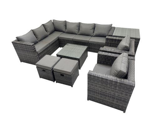 Fimous Rattan Garden Furniture Patio Furniture Sets with Corner Sofa Square Coffee Table 2 Small Footstools Side Table Dark Grey Mixed