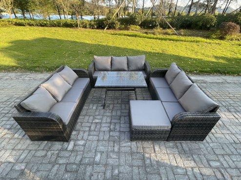 Fimous 10 Seater Wicker Rattan Garden Furniture Set with Rectangular Dining Table Big Footstool Patio Outdoor Lounge Sofa Set