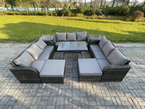 Fimous Rattan Garden Furniture Set 11 Seater Patio Outdoor Lounge Sofa Set with 2 Side Tables Rectangular Dining Table 2 Big Footstool Dark Grey Mixed
