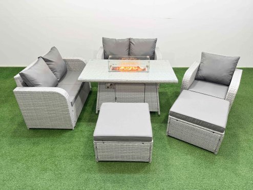 Fimous High Back Poly Rattan Garden Furniture Set with Reclining Chair Loveseat Sofa Firepit Dining Table Indoor Outdoor Patio Set 2 Big Stool Light Grey