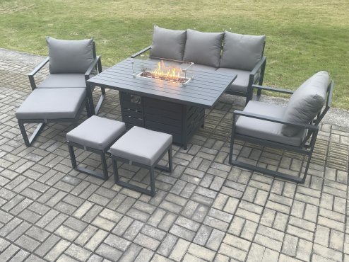 Fimous Aluminium Patio Outdoor Garden Furniture Lounge Sofa Set Gas Fire Pit Dining Table with 3 Footstools Dark Grey