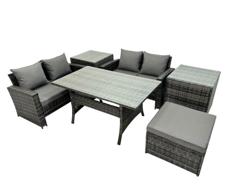 Fimous 5 Seater Wicker PE Rattan Furniture Outdoor Dining Table Double Seat Sofa 2 Side Table Big Stool Set Dark Grey Mixed