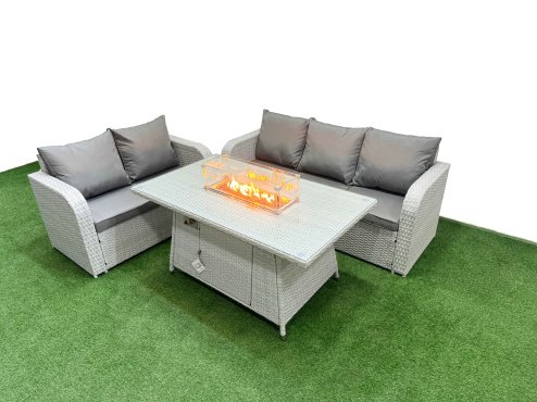 Fimous 5 Seater PE Rattan Wicker Garden Furniture Patio Conservatory Sofa Set with Firepit Dining Table 3 Seater Sofa Love Sofa