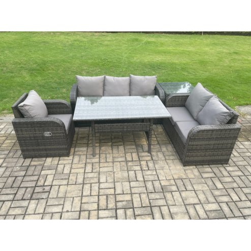 Fimous 6 Seater Garden Rattan Furniture Dining Table Sofa Set Indoor Outdoor with Reclining Chairs Side Table Dark Grey Mixed