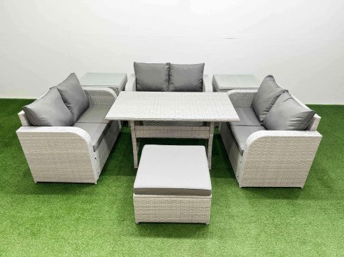 Fimous 7 Seater PE Wicker Rattan Furniture Sofa Sets with Rectangular Dining Table 2 Seater Love Sofa Big Footstool 2 Side Table Light Grey