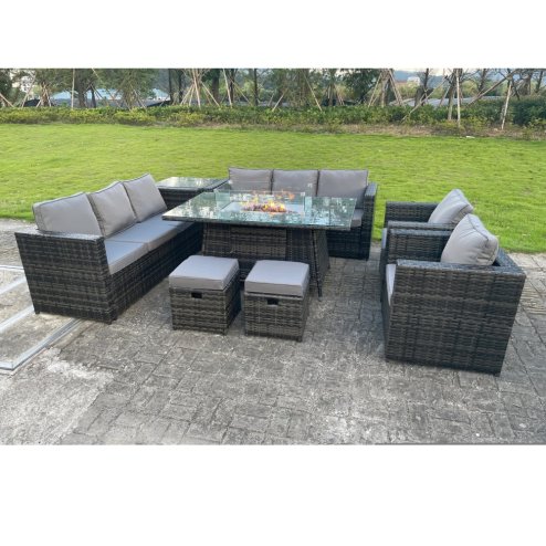 Fimous 10 Seater Outdoor Rattan Garden Furniture Gas Fire Pit Table Dining Set Gas Heater Lounge Chairs Small Footstools Dark Grey