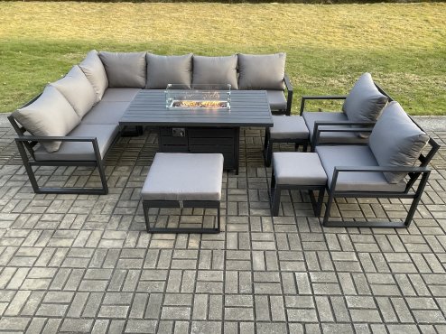 Fimous Aluminium 10 Pieces Garden Furniture Corner Sofa Set with Cushions Gas Fire Pit Dining Table Set with 2 Chairs 3 Footstools Dark Grey