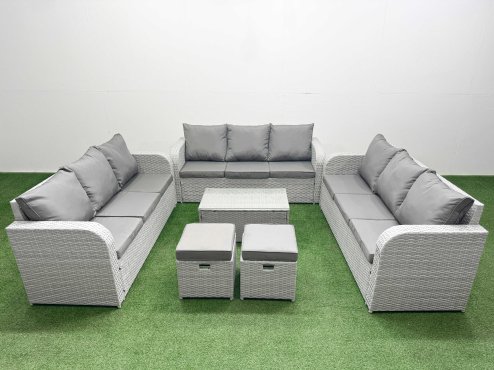 Fimous PE Rattan Lounge Sofa Set 11 Seater Outdoor Garden Furniture Set with Rectangular Coffee Table 3 Seater Sofa 2 Stools Light Grey Image