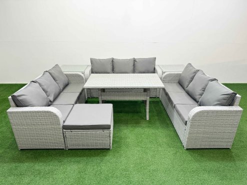 Fimous PE Rattan Lounge Sofa Set 10 Seater Outdoor Garden Furniture Set with Rectangular Dining Table 3 Seater Sofa Big Footstool 2 Side Table Light Grey