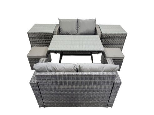 Fimous 6 Seater Garden Outdoor Rattan Furniture Set Rattan Sofa Oblong Dining Table with 2 Small Footstools 2 Side Table Dark Grey