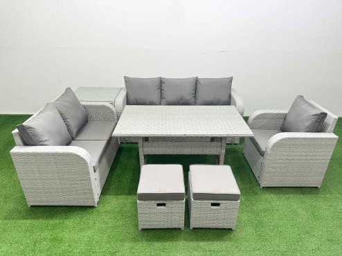 Fimous Patio PE Wicker 8 Seater Outdoor Rattan Furniture Sofa Sets with Rectangular Dining Table Reclining Chair Loveseat Sofa 3 Seater Sofa Stool Side Table Light Grey