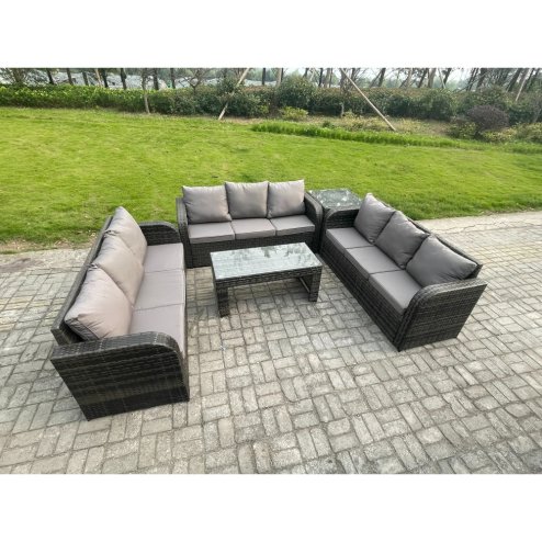 Fimous Outdoor Lounge Sofa Set Rattan Garden Furniture Set with Rectangular Coffee Table Side Table 3 Seater Sofa Dark Grey Mixed