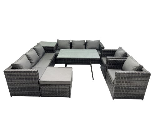 Fimous Outdoor Corner Sofa Chair Dining Table Set Garden Rattan Furniture Set 9 Seater with Big Stool Side Table Dark Grey