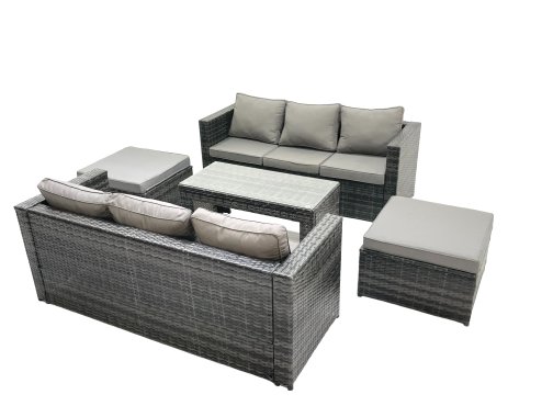 Fimous Garden Outdoor Rattan Furniture Set with Sofa Coffee table 2 Big Footstools Dark Grey Mixed