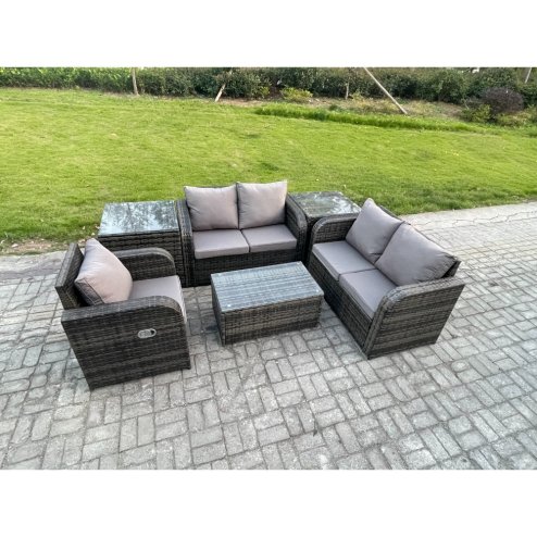 Fimous High Back Rattan Garden Furniture Set with Loveseat Sofa Rectangular Coffee Table 2 Side Tables Indoor Outdoor Patio Lounge Sofa Set Dark Grey Mixed