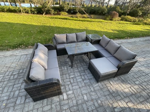 Fimous 10 Seater Wicker Rattan Garden Furniture Set with Rectangular Dining Table Big Footstool Side Table Patio Outdoor Lounge Sofa Set