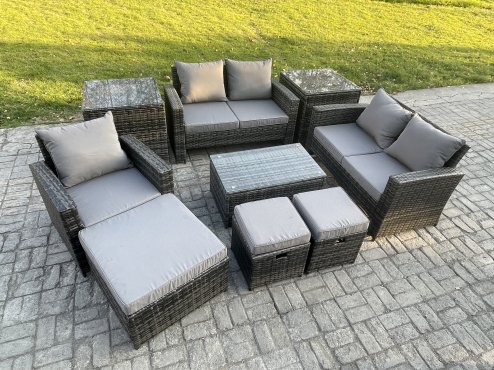 Fimous Rattan Garden Furniture Set 8 Seater Patio Outdoor Lounge Sofa Chair Set with Rectangular Coffee Table 3 Footstools 2 Side Tables Dark Grey Mixed