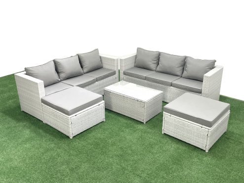 Fimous Garden Outdoor PE Rattan Furniture Set 8 Seater Rattan Garden Sofa Set with 2 Big Footstools Light Grey Mixed Image