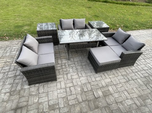 Fimous Wicker PE Rattan Garden Furniture Sets Outdoor Lounge Sofa Set with Oblong Dining Table Double Seat Sofa 2 Side Tables Big Footstool Dark Grey Mixed