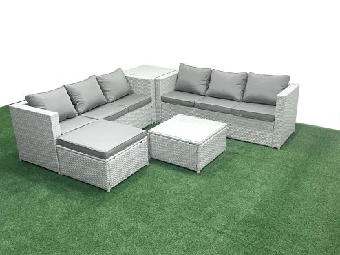 Fimous Rattan Garden Outdoor Furniture Set 7 Seater Rattan Garden Sofa Set with Big Footstool Side Table Light Grey Mixed