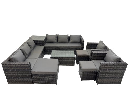 Fimous 11 Seater Garden Outdoor Rattan Furniture Set Patio Corner Sofa Rectangular Coffee Table with 3 Stools Dark Grey