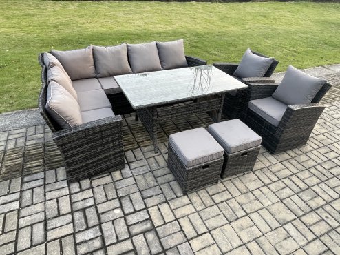 Fimous 10 Seater Garden Rattan Furniture Corner Dining Set with 2 Small Footstools Armchair Indoor Outdoor Lounge Sofa Set Dark Grey Mixed