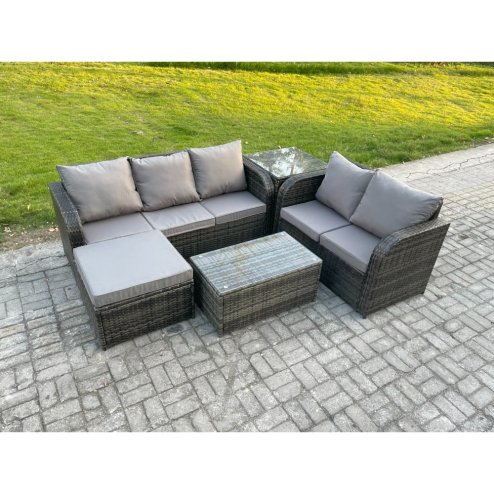 Fimous 6 Seater Rattan Wicker Garden Furniture Patio Conservatory Sofa Set with Rectangular Coffee Table 3 Seater Sofa Love Sofa Big Footstool Side Table